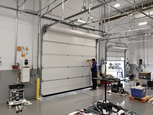 Commercial garage door repair being performed by Orange Garage Door Repair expert in Orange