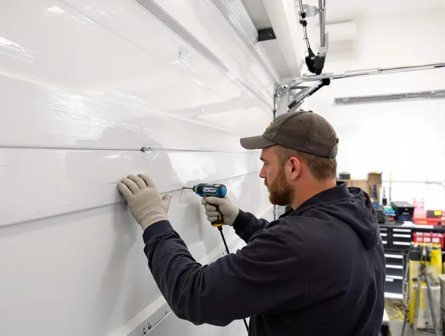 Orange Garage Door Repair technician demonstrating precision dent removal techniques on a Orange garage door