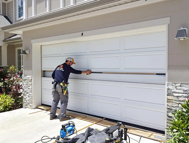 Orange Garage Door Repair team performing complete garage door replacement at Orange residence